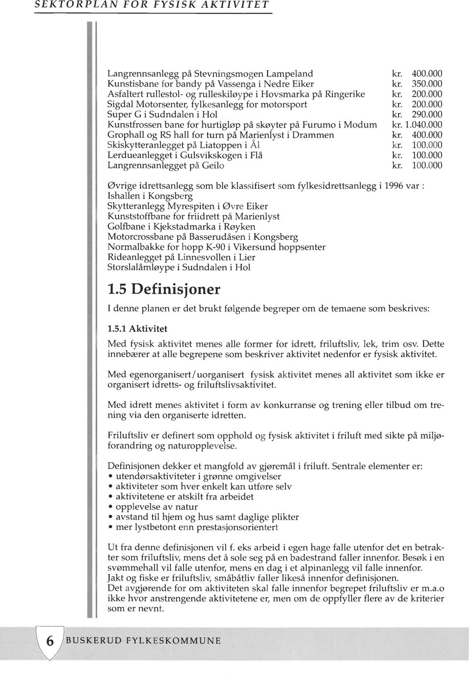 5 Definisjoner I denne planen er det brukt følgende begreper om de temaene som beskrives: 1.5.1 Aktivitet Med fysisk aktivitet menes alle former for idrett, friluftsliv, lek, trim osv.