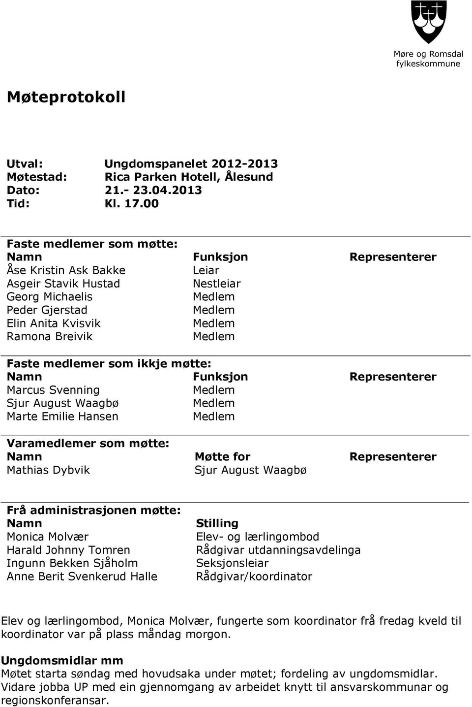 ikkje møtte: Namn Funksjon Representerer Marcus Svenning Sjur August Waagbø Marte Emilie Hansen Varamedlemer som møtte: Namn Møtte for Representerer Mathias Dybvik Sjur August Waagbø Frå