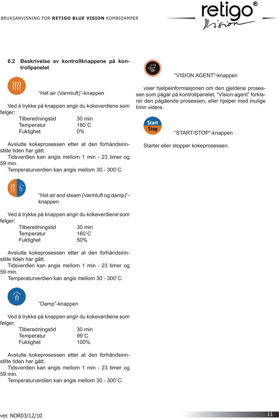 VISION AGENT -knappen viser hjelpeinformasjonen om den gjeldene prosessen som pågår på kontrollpanelet. Vision agent forklarer den pågående prosessen, eller hjelper med mulige trinn videre.