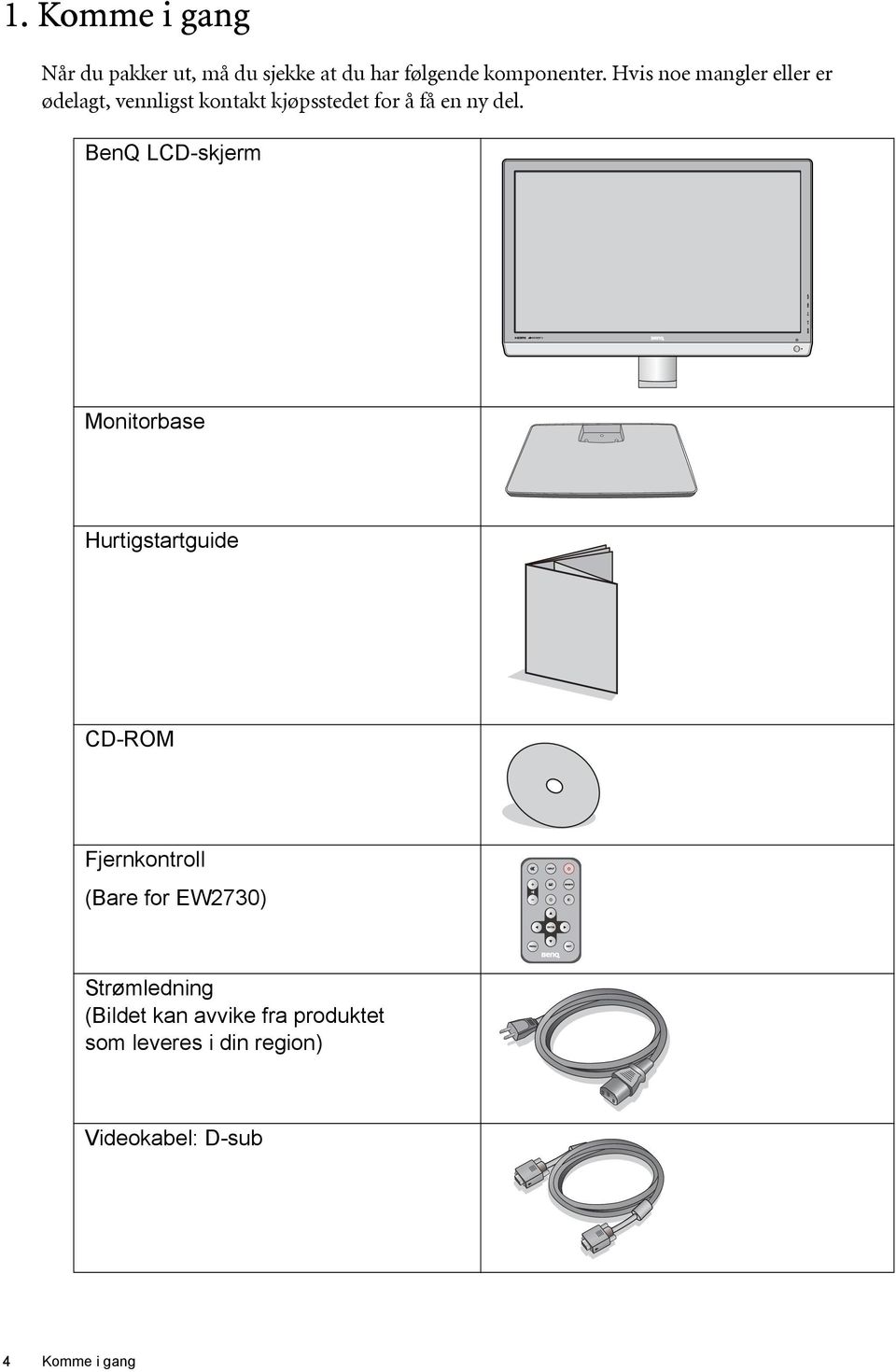 BenQ LCD-skjerm Monitorbase Hurtigstartguide CD-ROM Fjernkontroll (Bare for EW2730)