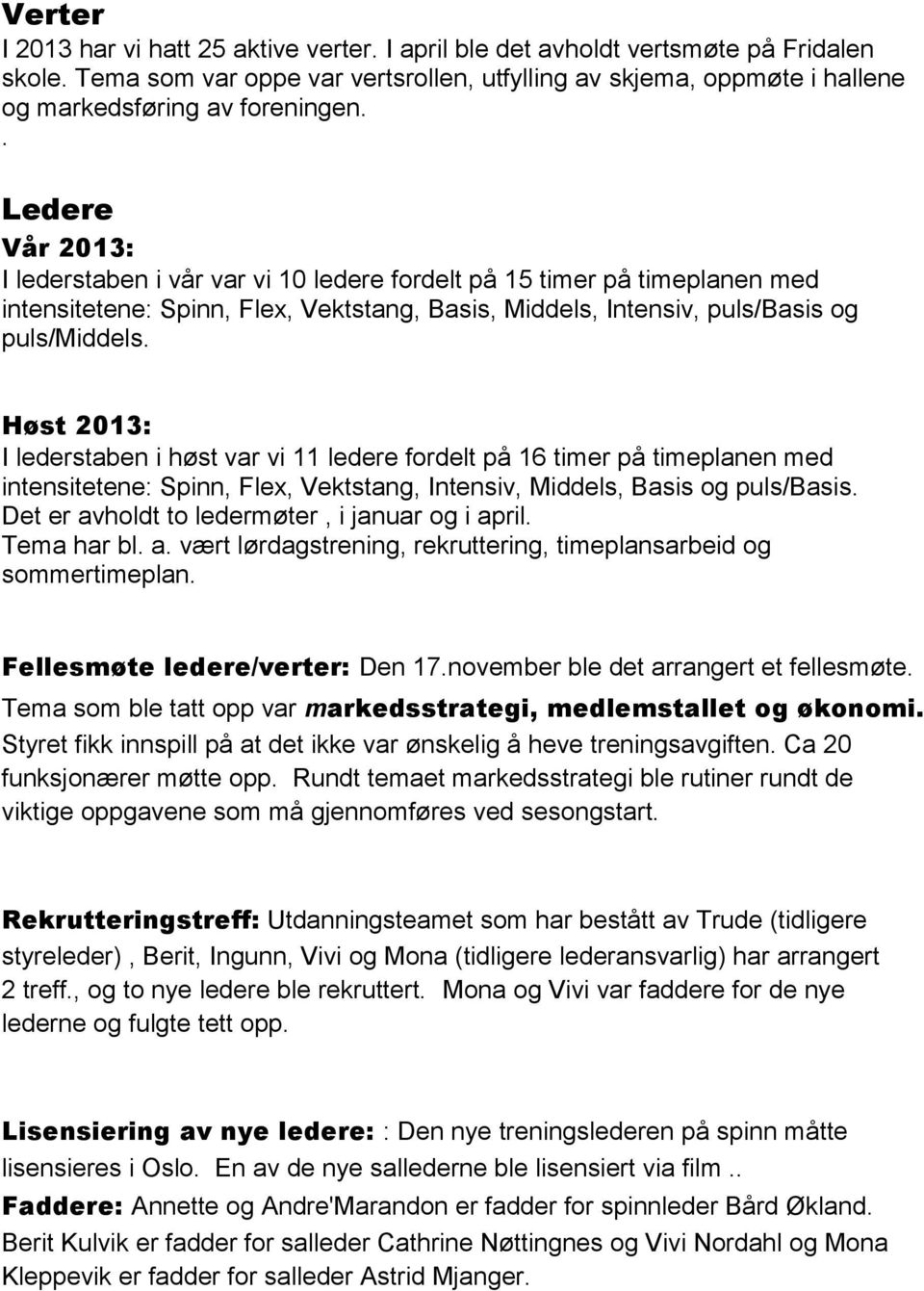 . Ledere Vår 2013: I lederstaben i vår var vi 10 ledere fordelt på 15 timer på timeplanen med intensitetene: Spinn, Flex, Vektstang, Basis, Middels, Intensiv, puls/basis og puls/middels.