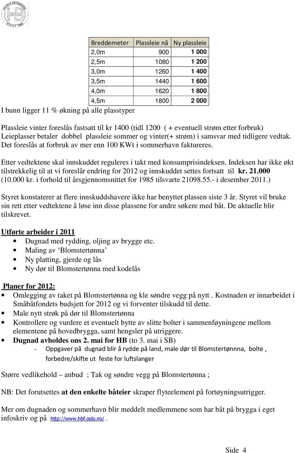 Det foreslås at forbruk av mer enn 100 KWt i sommerhavn faktureres. Etter vedtektene skal innskuddet reguleres i takt med konsumprisindeksen.