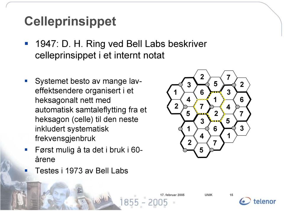 organisert i et heksagonalt nett med automatisk samtaleflytting fra et heksagon (celle) til den neste