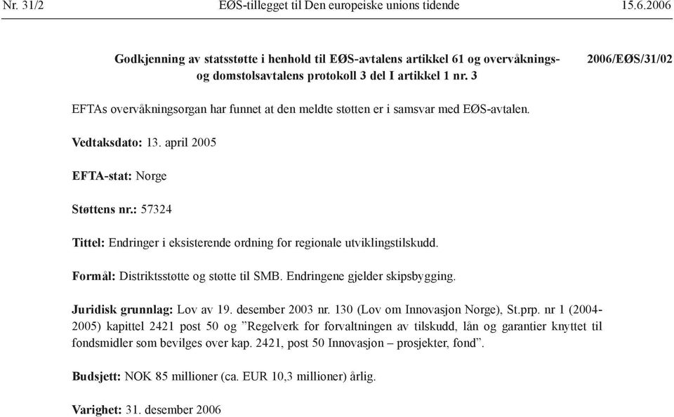 : 57324 Tittel: Endringer i eksisterende ordning for regionale utviklingstilskudd. Formål: Distriktsstøtte og støtte til SMB. Endringene gjelder skipsbygging. Juridisk grunnlag: Lov av 19.