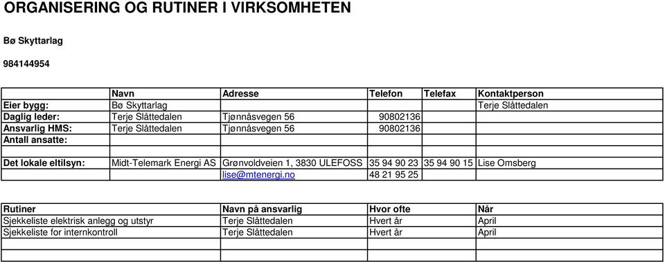 eltilsyn: Midt-Telemark Energi AS Grønvoldveien 1, 3830 ULEFOSS 35 94 90 23 35 94 90 15 Lise Omsberg lise@mtenergi.