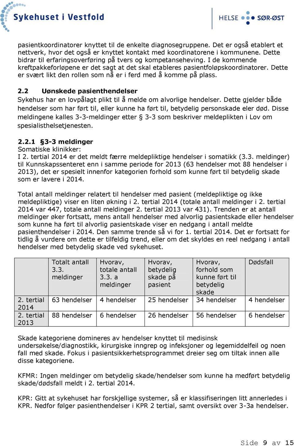 Dette er svært likt den rollen som nå er i ferd med å komme på plass. 2.2 Uønskede pasienthendelser Sykehus har en lovpålagt plikt til å melde om alvorlige hendelser.