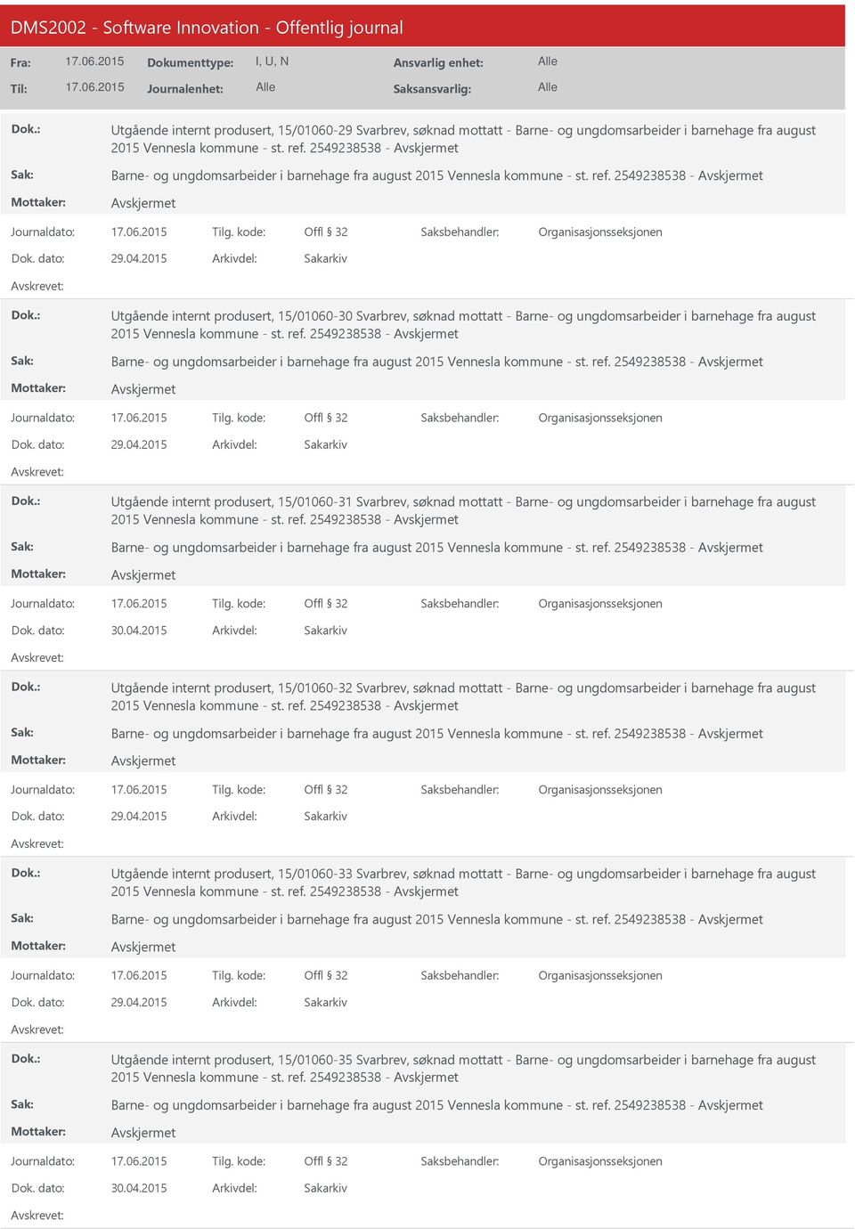 2015 tgående internt produsert, 15/01060-30 Svarbrev, søknad mottatt - Barne- og ungdomsarbeider i barnehage fra august 2015 Vennesla kommune - st. ref.