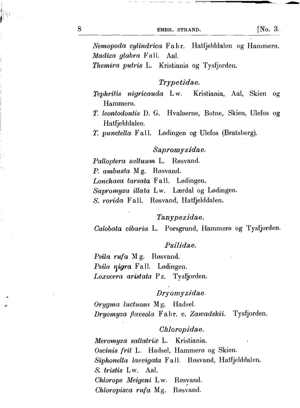 Rosvand. P. ambrusta M g. Rosvand. Lonchaea tarsata Fa l l. Lodingen. Sapomyza illata Lw. L~rdal og Lodingen. S. rorida F all. Rosvand, Hatfjelddalen. Calobata cibaria L. Tanypezidae.