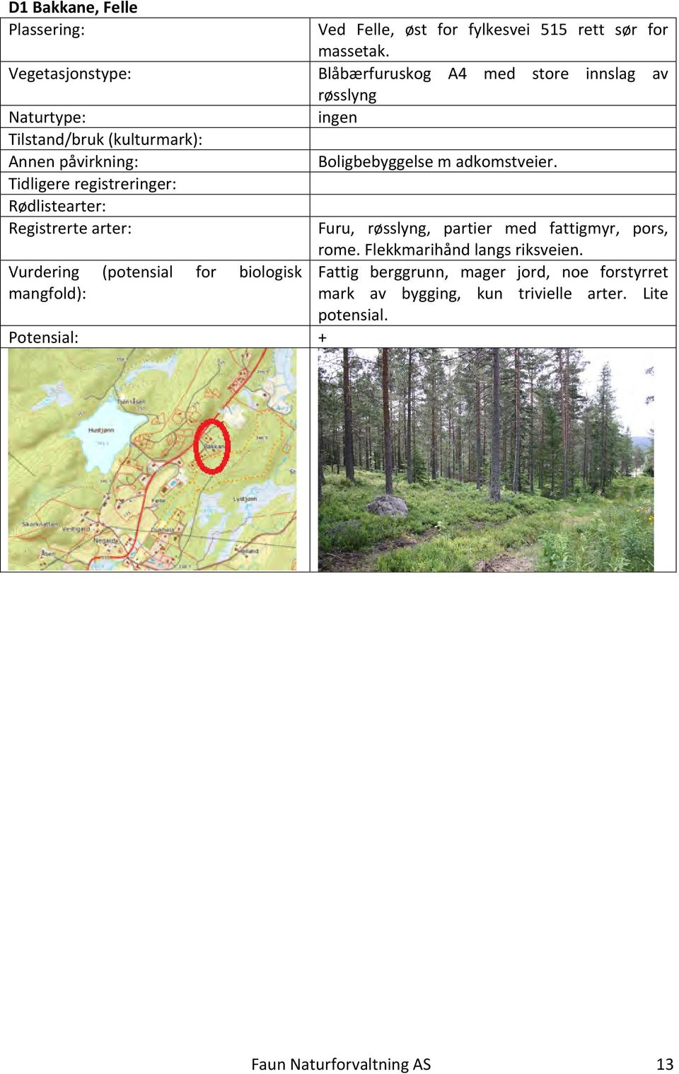 Registrerte arter: Furu, røsslyng, partier med fattigmyr, pors, Vurdering (potensial for biologisk