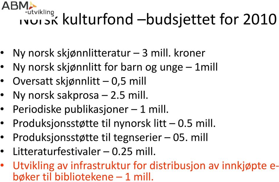 Ny norsk sakprosa 2.5 mill. Periodiske publikasjoner 1 mill. Produksjonsstøtte til nynorsk litt 0.5 mill. Produksjonsstøtte til tegnserier 05.
