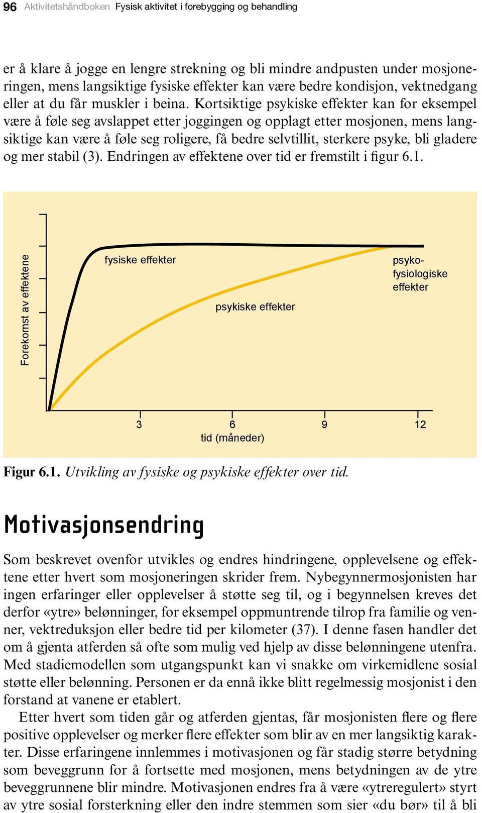 Kortsiktige psykiske effekter kan for eksempel være å føle seg avslappet etter joggingen og opplagt etter mosjonen, mens langsiktige kan være å føle seg roligere, få bedre selvtillit, sterkere psyke,