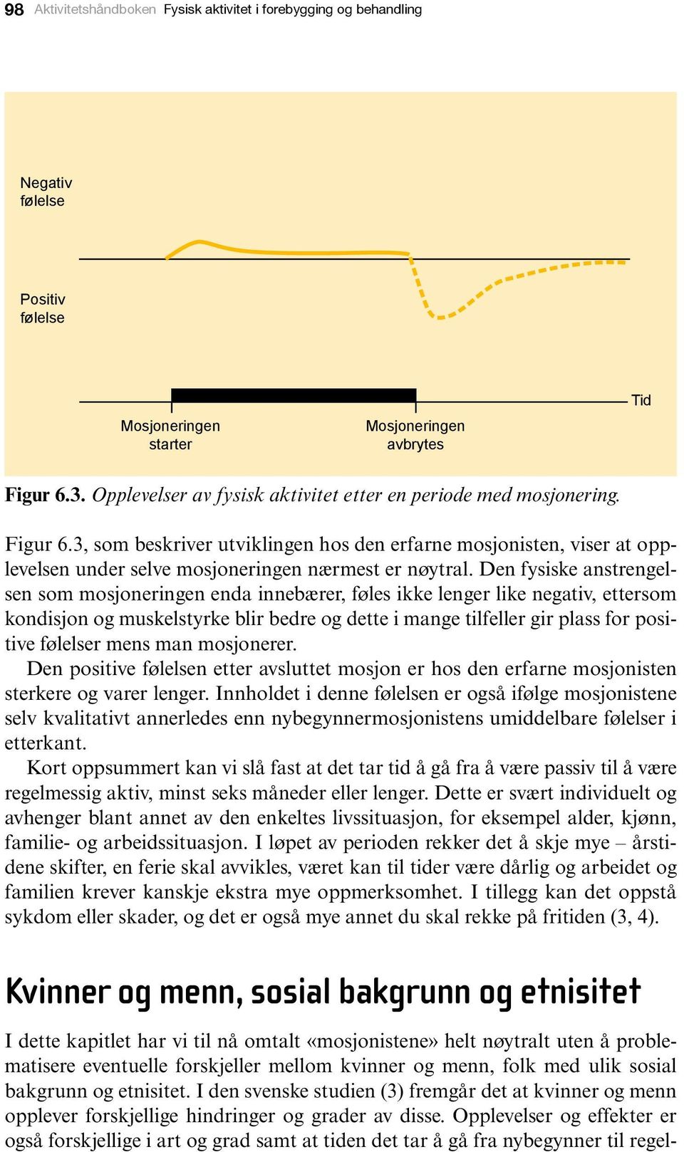 Den fysiske anstrengelsen som mosjoneringen enda innebærer, føles ikke lenger like negativ, ettersom kondisjon og muskelstyrke blir bedre og dette i mange tilfeller gir plass for positive følelser