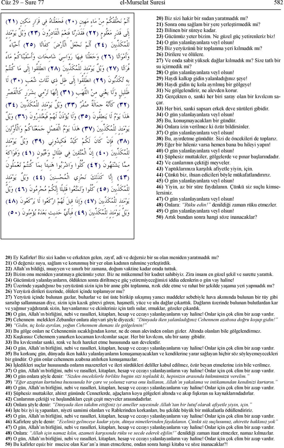 Size tatlı bir su içirmedik mi? 28) O gün yalanlayanlara veyl olsun! 29) Haydi kalkıp gidin yalanladığınız şeye! 30) Haydi gidin üç kola ayrılmış bir gölgeye! 31) Ne gölgelendirir, ne alevden korur.