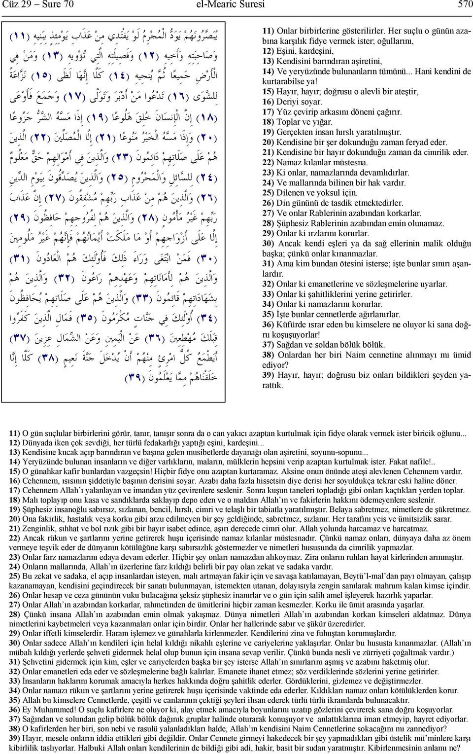 15) Hayır, hayır; doğrusu o alevli bir ateştir, 16) Deriyi soyar. 17) Yüz çevirip arkasını döneni çağırır. 18) Toplar ve yığar. 19) Gerçekten insan hırslı yaratılmıştır.