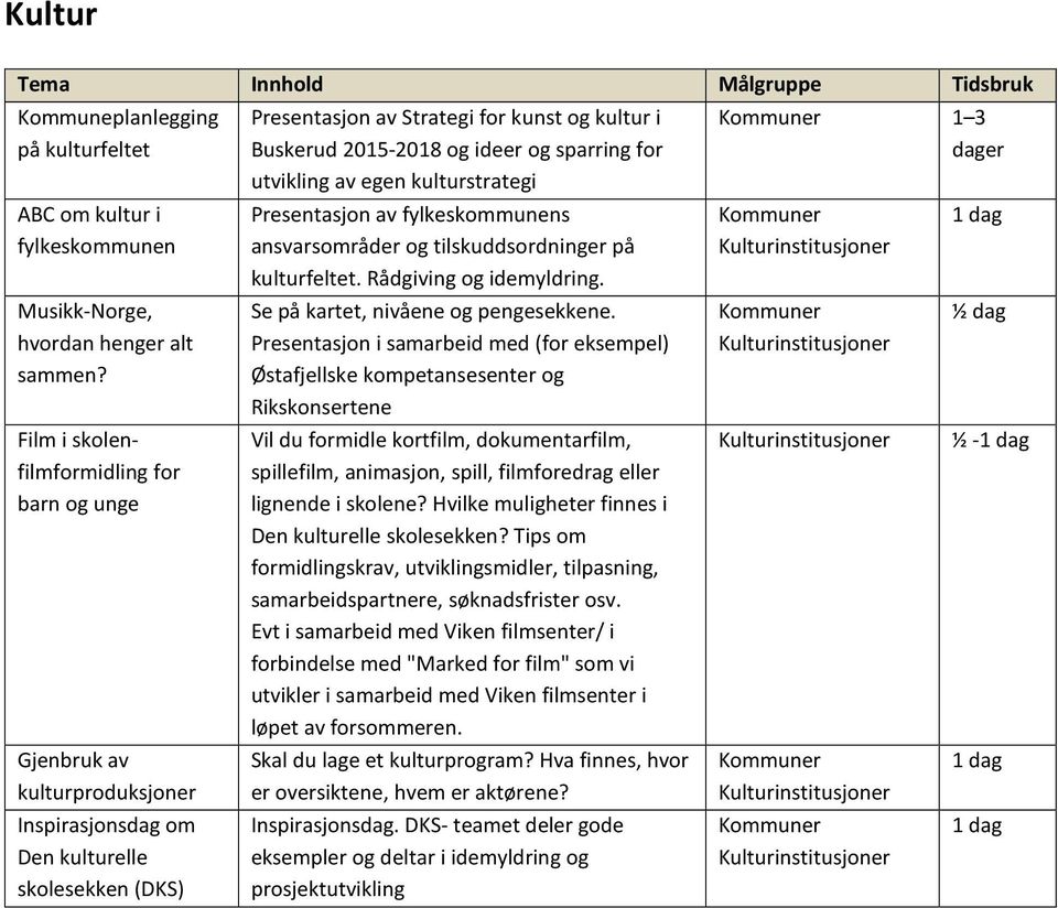 ideer og sparring for utvikling av egen kulturstrategi Presentasjon av fylkeskommunens ansvarsområder og tilskuddsordninger på kulturfeltet. Rådgiving og idemyldring.