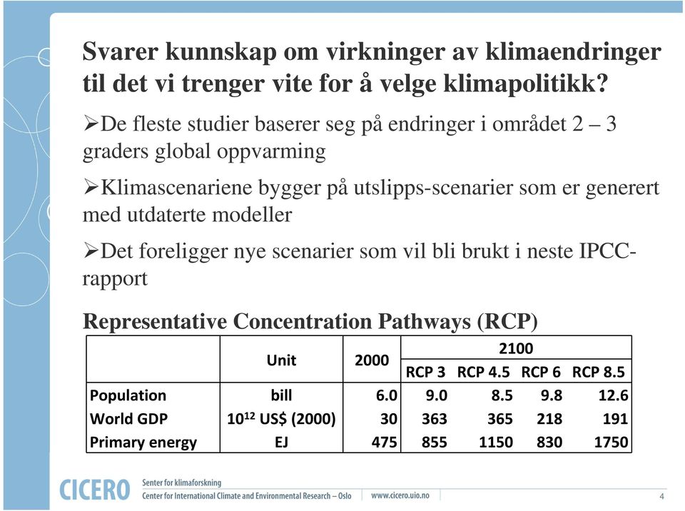 generert med utdaterte modeller Det foreligger nye scenarier som vil bli brukt i neste IPCCrapport Representative Concentration