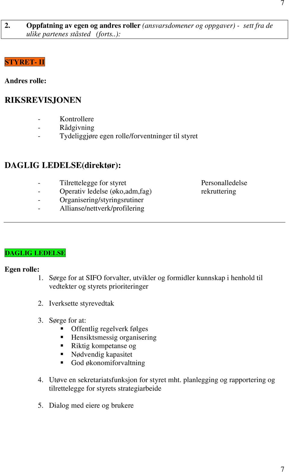 rekruttering - Organisering/styringsrutiner - Allianse/nettverk/profilering DAGLIG LEDELSE Egen rolle: 1.