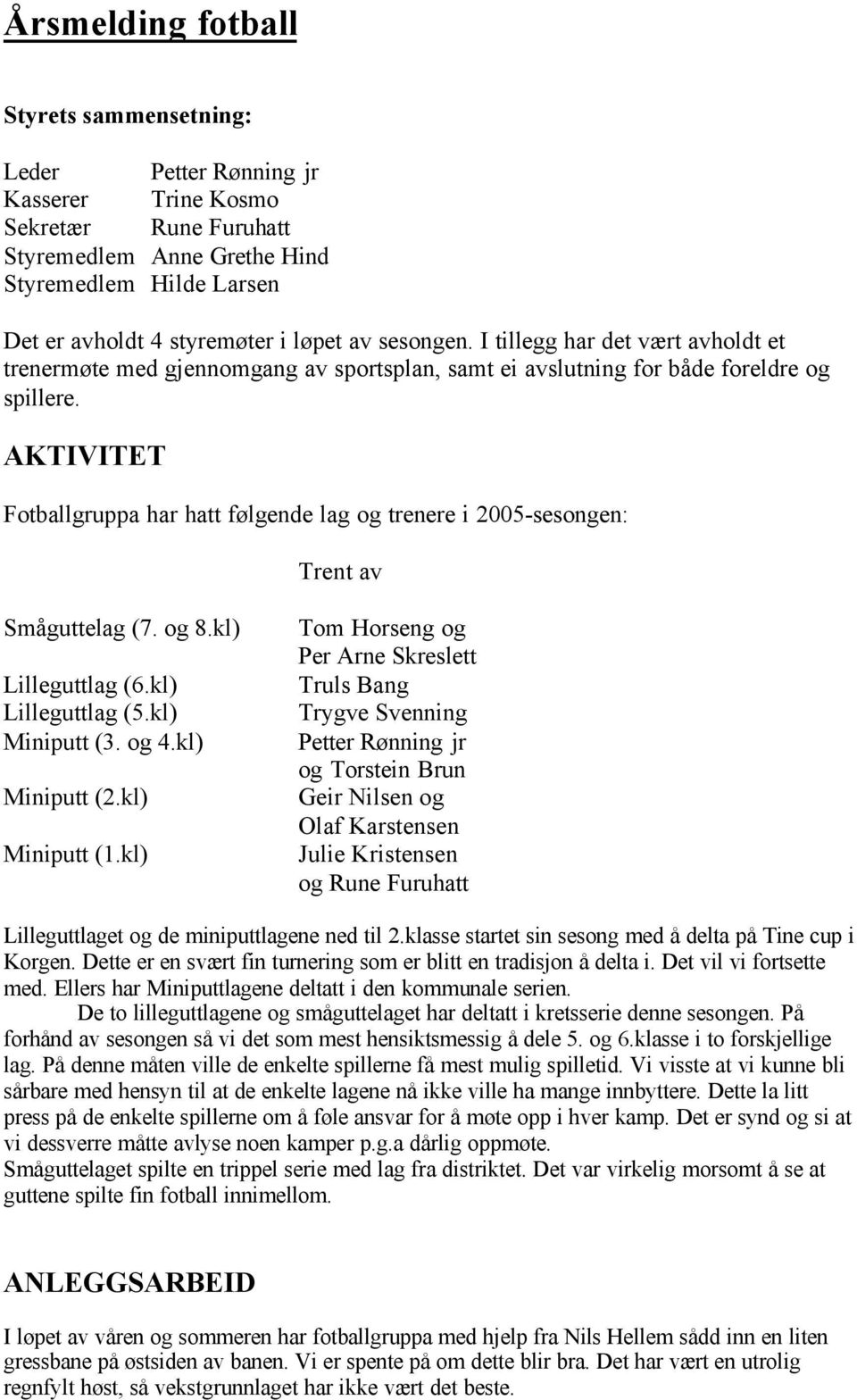 AKTIVITET Fotballgruppa har hatt følgende lag og trenere i 2005-sesongen: Trent av Småguttelag (7. og 8.kl) Lilleguttlag (6.kl) Lilleguttlag (5.kl) Miniputt (3. og 4.kl) Miniputt (2.kl) Miniputt (1.