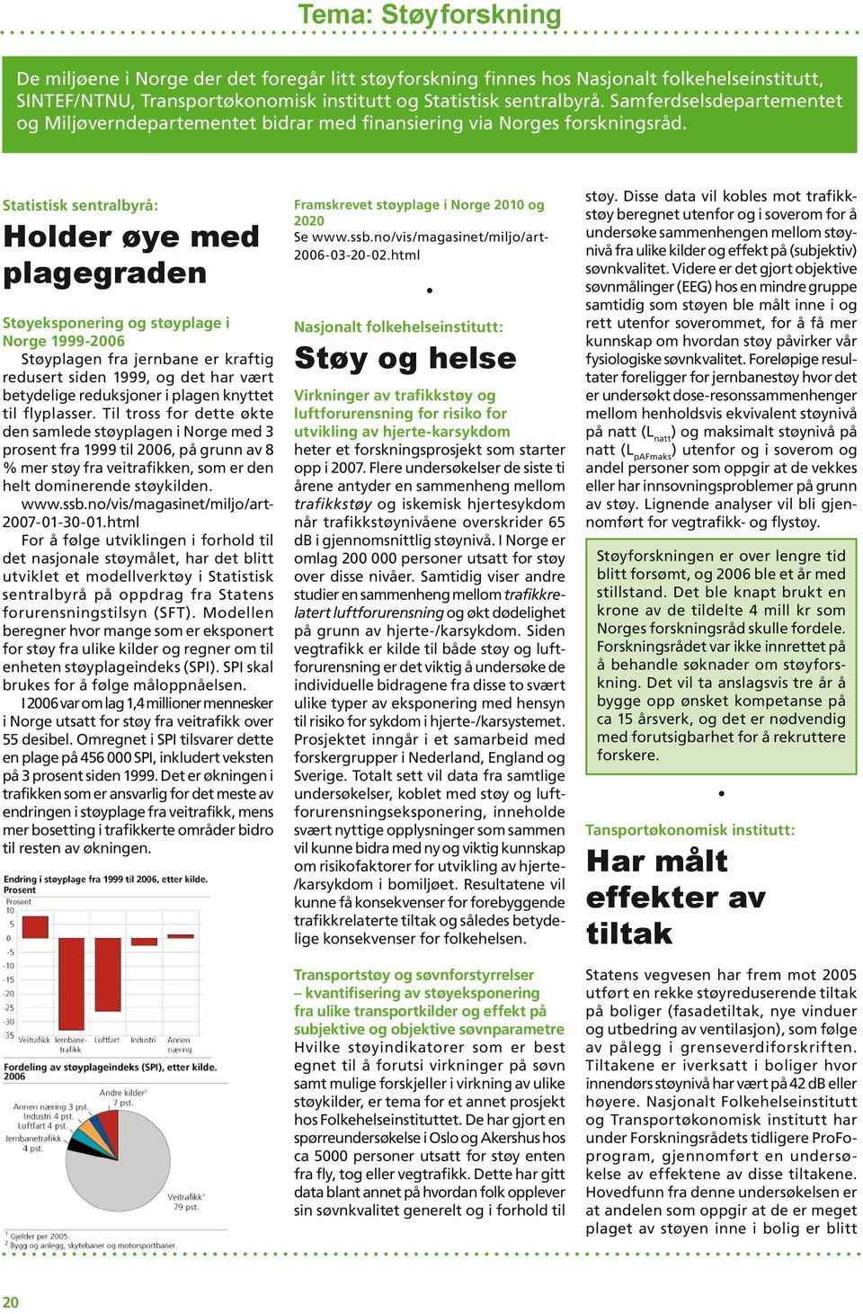 Statistisk sentralbyrå: Holder øye med plagegraden Støyeksponering og støyplage i Norge 1999-2006 Støyplagen fra jernbane er kraftig redusert siden 1999, og det har vært betydelige reduksjoner i