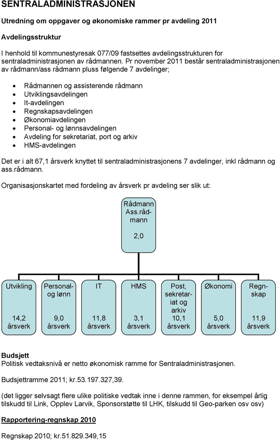 Pr november 2011 består sentraladministrasjonen av rådmann/ass rådmann pluss følgende 7 avdelinger; Rådmannen og assisterende rådmann Utviklingsavdelingen It-avdelingen Regnskapsavdelingen