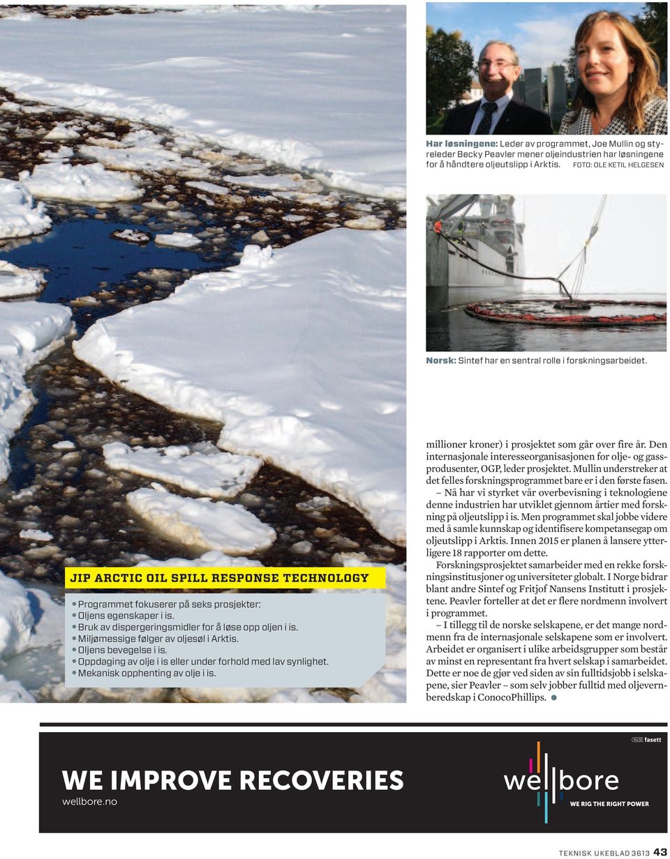 Bruk av dispergeringsmidler for å løse opp oljen i is. Miljømessige følger av oljesøl i Arktis. Oljens bevegelse i is. Oppdaging av olje i is eller under forhold med lav synlighet.