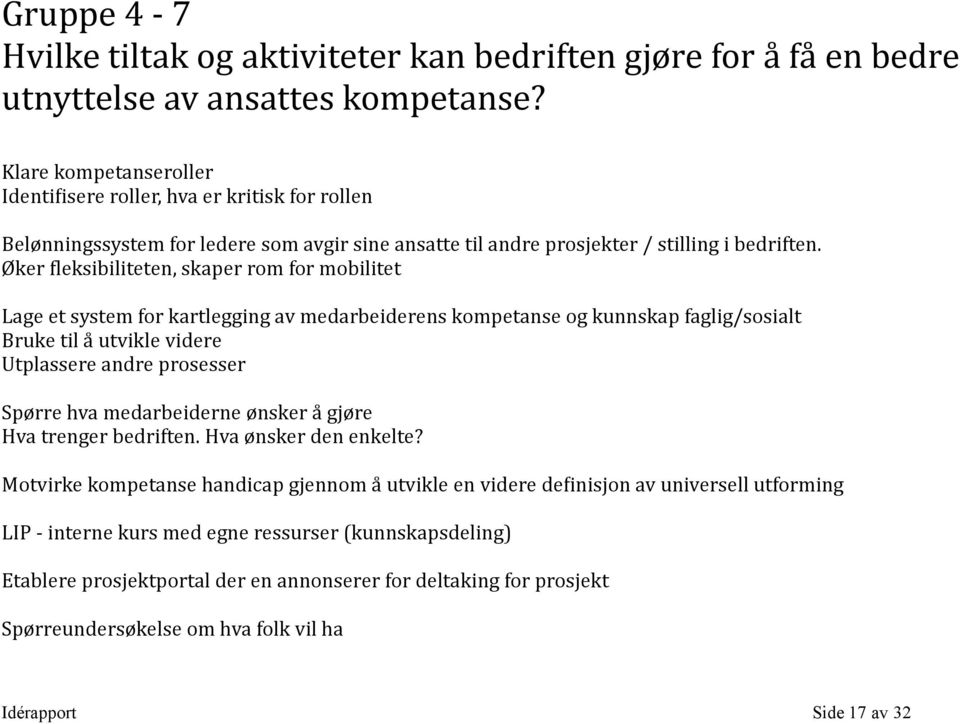 Øker Hleksibiliteten, skaper rom for mobilitet Lage et system for kartlegging av medarbeiderens kompetanse og kunnskap faglig/sosialt Bruke til å utvikle videre Utplassere andre prosesser Spørre hva