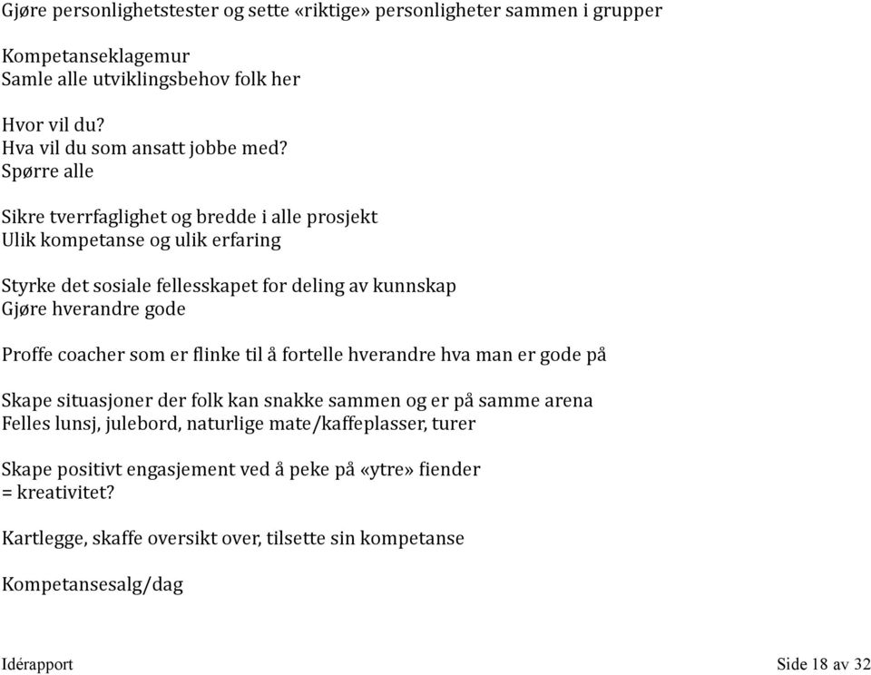 coacher som er Hlinke til å fortelle hverandre hva man er gode på Skape situasjoner der folk kan snakke sammen og er på samme arena Felles lunsj, julebord, naturlige