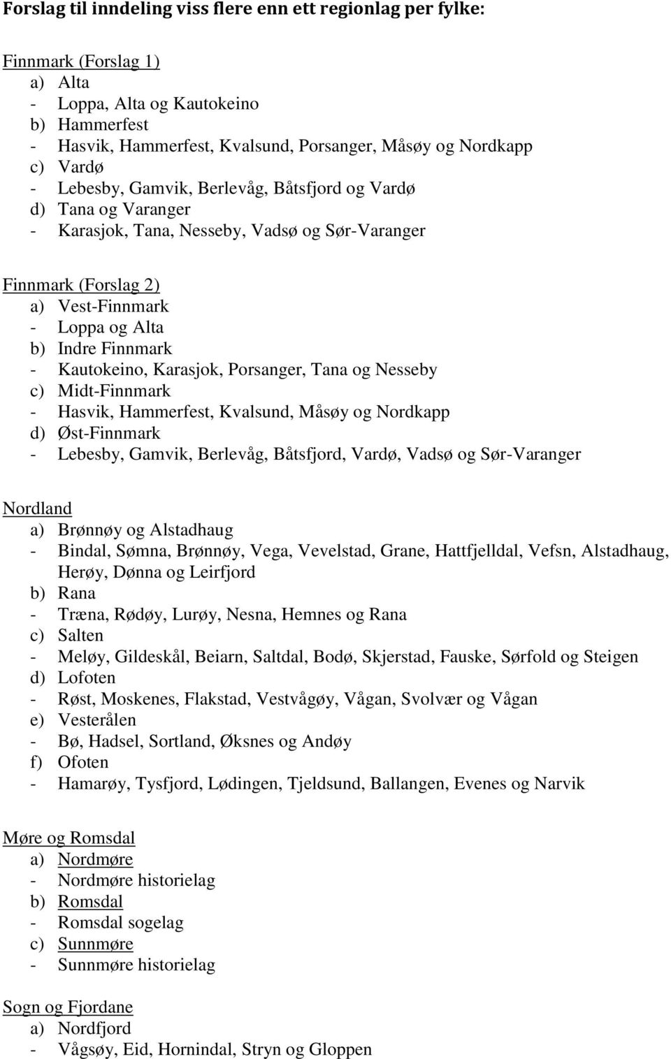 Kautokeino, Karasjok, Porsanger, Tana og Nesseby c) Midt-Finnmark - Hasvik, Hammerfest, Kvalsund, Måsøy og Nordkapp d) Øst-Finnmark - Lebesby, Gamvik, Berlevåg, Båtsfjord, Vardø, Vadsø og