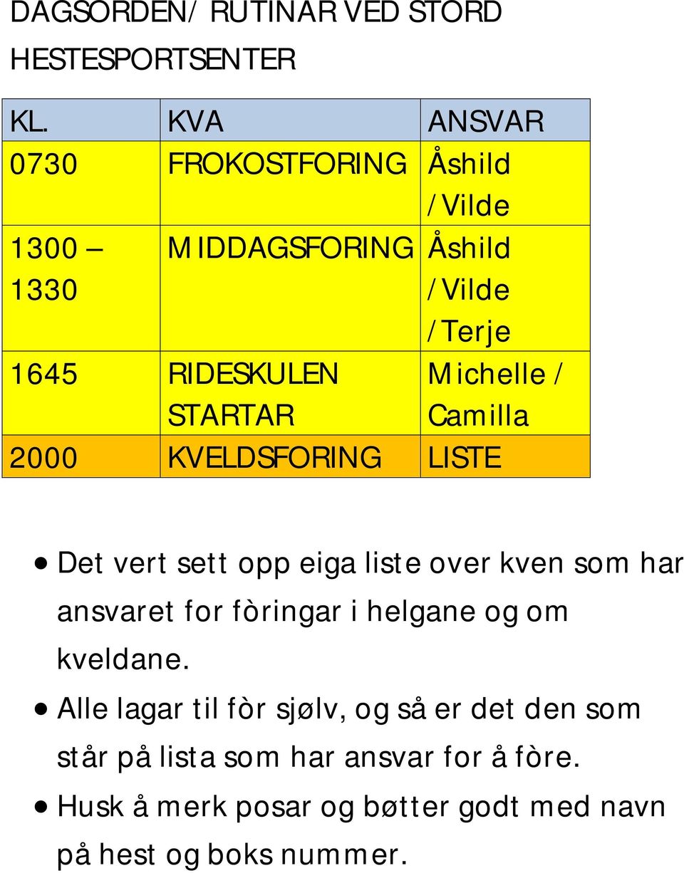 2000 KVELDSFORING LISTE Michelle / Camilla Det vert sett opp eiga liste over kven som har ansvaret for fòringar i