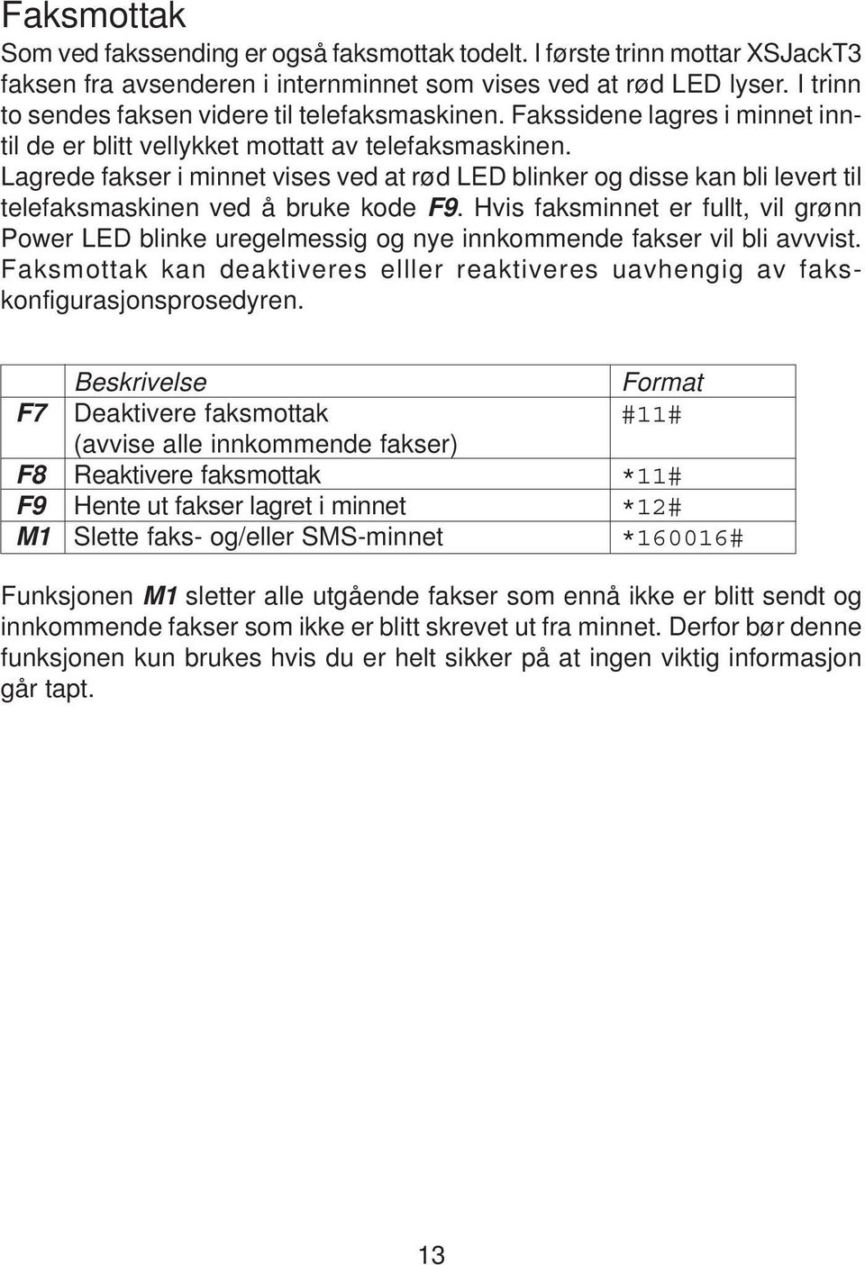 Lagrede fakser i minnet vises ved at rød LED blinker og disse kan bli levert til telefaksmaskinen ved å bruke kode F9.