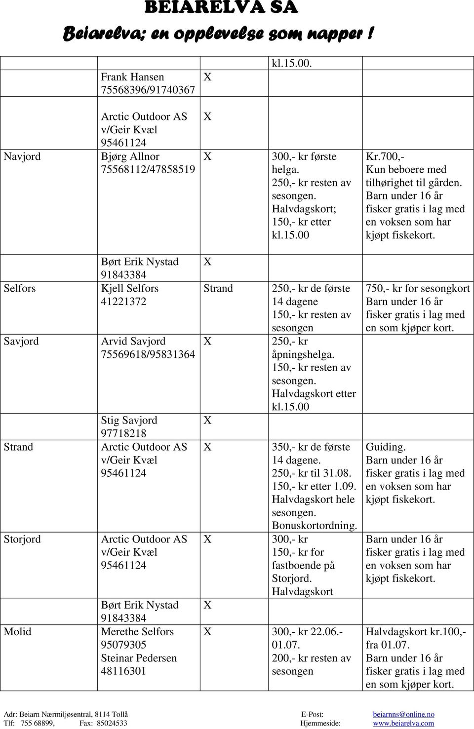 97718218 Børt Erik Nystad 91843384 Merethe Selfors 95079305 Steinar Pedersen 48116301 Strand 14 dagene resten av sesongen 250,- kr åpningshelga. resten av etter kl.15.
