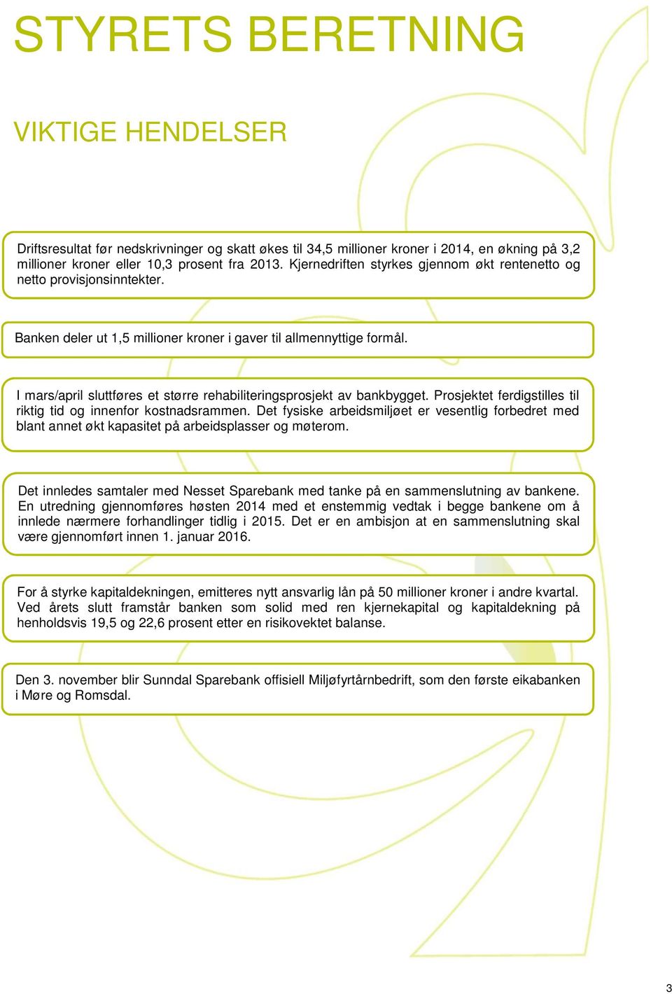 I mars/april sluttføres et større rehabiliteringsprosjekt av bankbygget. Prosjektet ferdigstilles til riktig tid og innenfor kostnadsrammen.