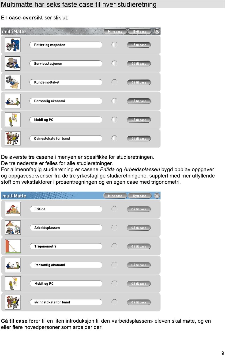 For allmennfaglig studieretning er casene Fritida og Arbeidsplassen bygd opp av oppgaver og oppgavesekvenser fra de tre yrkesfaglige