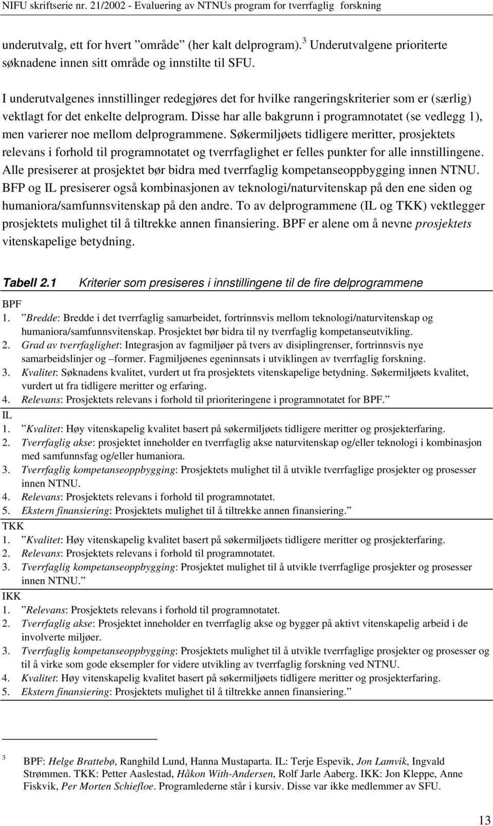 Disse har alle bakgrunn i programnotatet (se vedlegg 1), men varierer noe mellom delprogrammene.