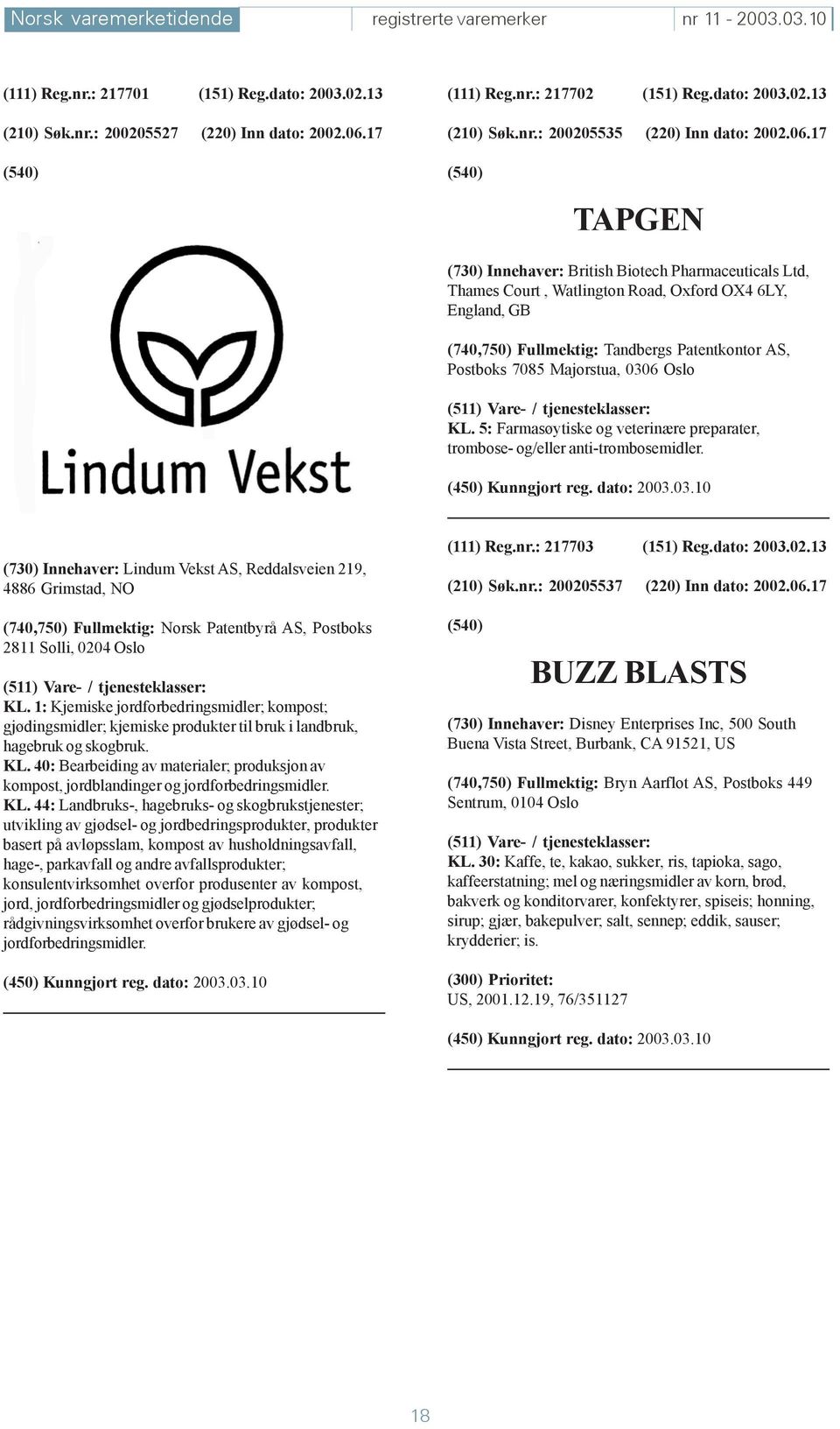 17 TAPGEN (730) Innehaver: British Biotech Pharmaceuticals Ltd, Thames Court, Watlington Road, Oxford OX4 6LY, England, GB (740,750) Fullmektig: Tandbergs Patentkontor AS, Postboks 7085 Majorstua,