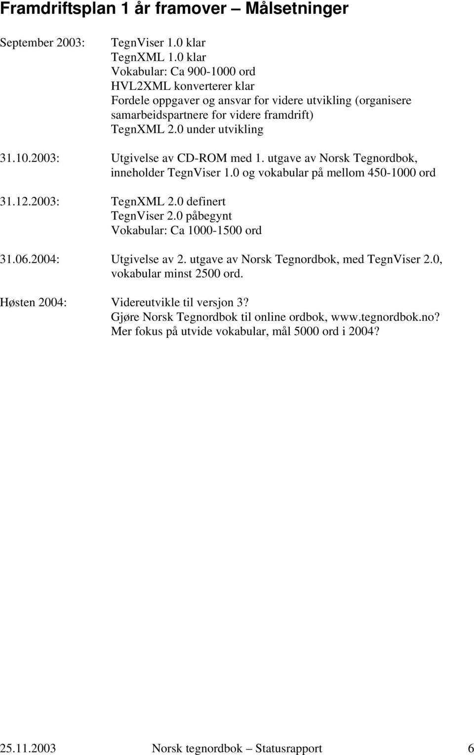 utgave av Norsk Tegnordbok, inneholder TegnViser 1.0 og vokabular på mellom 450-1000 ord 31.12.2003: TegnXML 2.0 definert TegnViser 2.0 påbegynt Vokabular: Ca 1000-1500 ord 31.06.