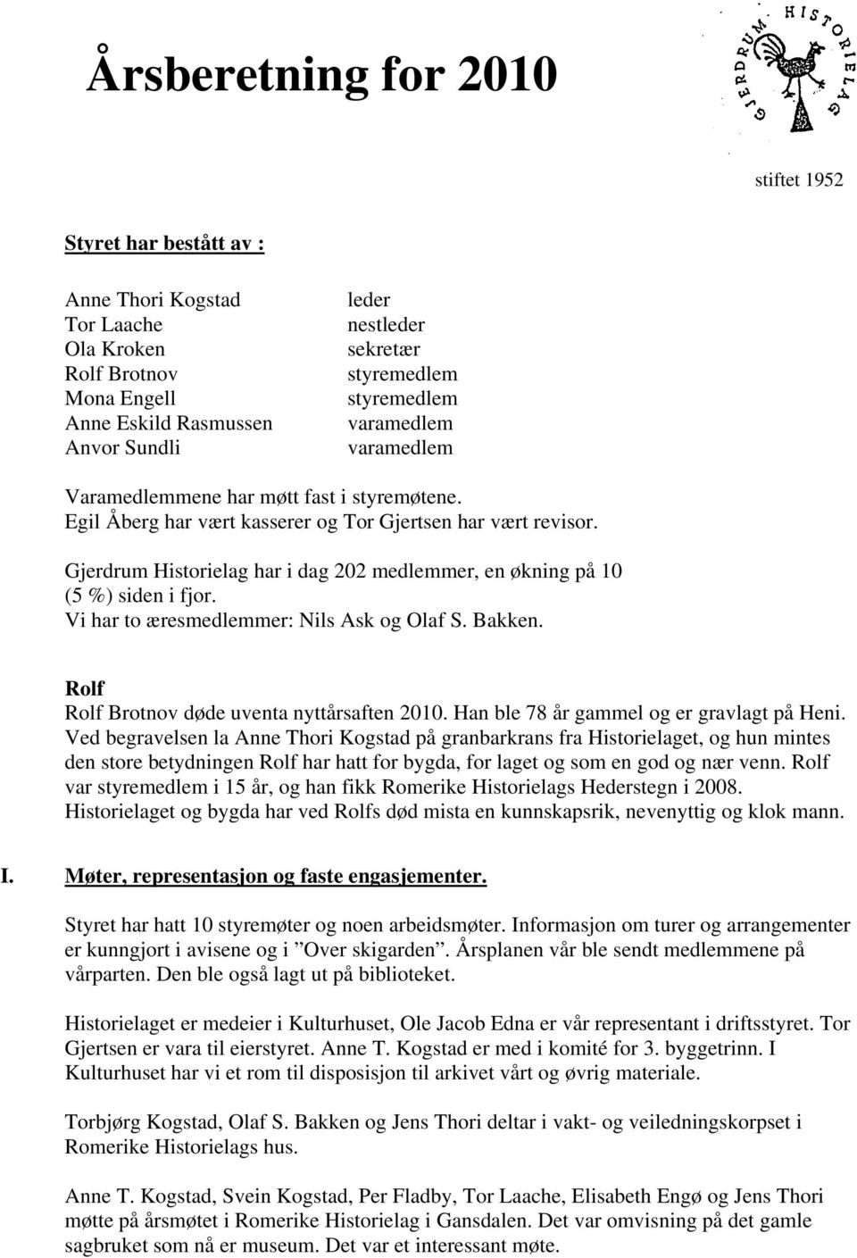 Gjerdrum Historielag har i dag 202 medlemmer, en økning på 10 (5 %) siden i fjor. Vi har to æresmedlemmer: Nils Ask og Olaf S. Bakken. Rolf Rolf Brotnov døde uventa nyttårsaften 2010.