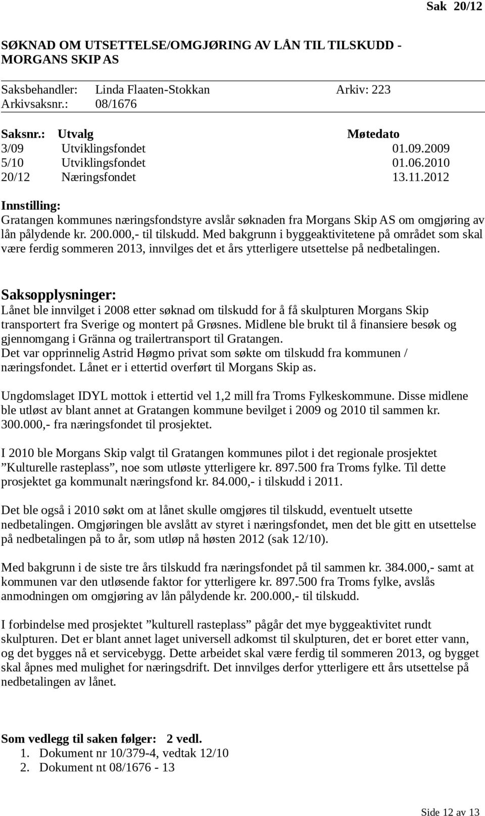 2012 Innstilling: Gratangen kommunes næringsfondstyre avslår søknaden fra Morgans Skip AS om omgjøring av lån pålydende kr. 200.000,- til tilskudd.