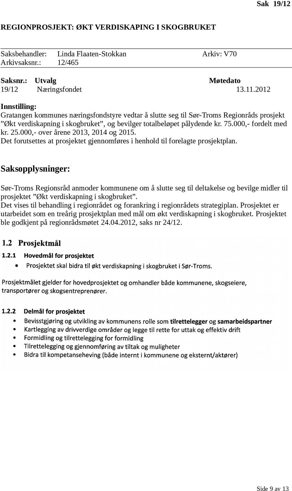 000,- fordelt med kr. 25.000,- over årene 2013, 2014 og 2015. Det forutsettes at prosjektet gjennomføres i henhold til forelagte prosjektplan.