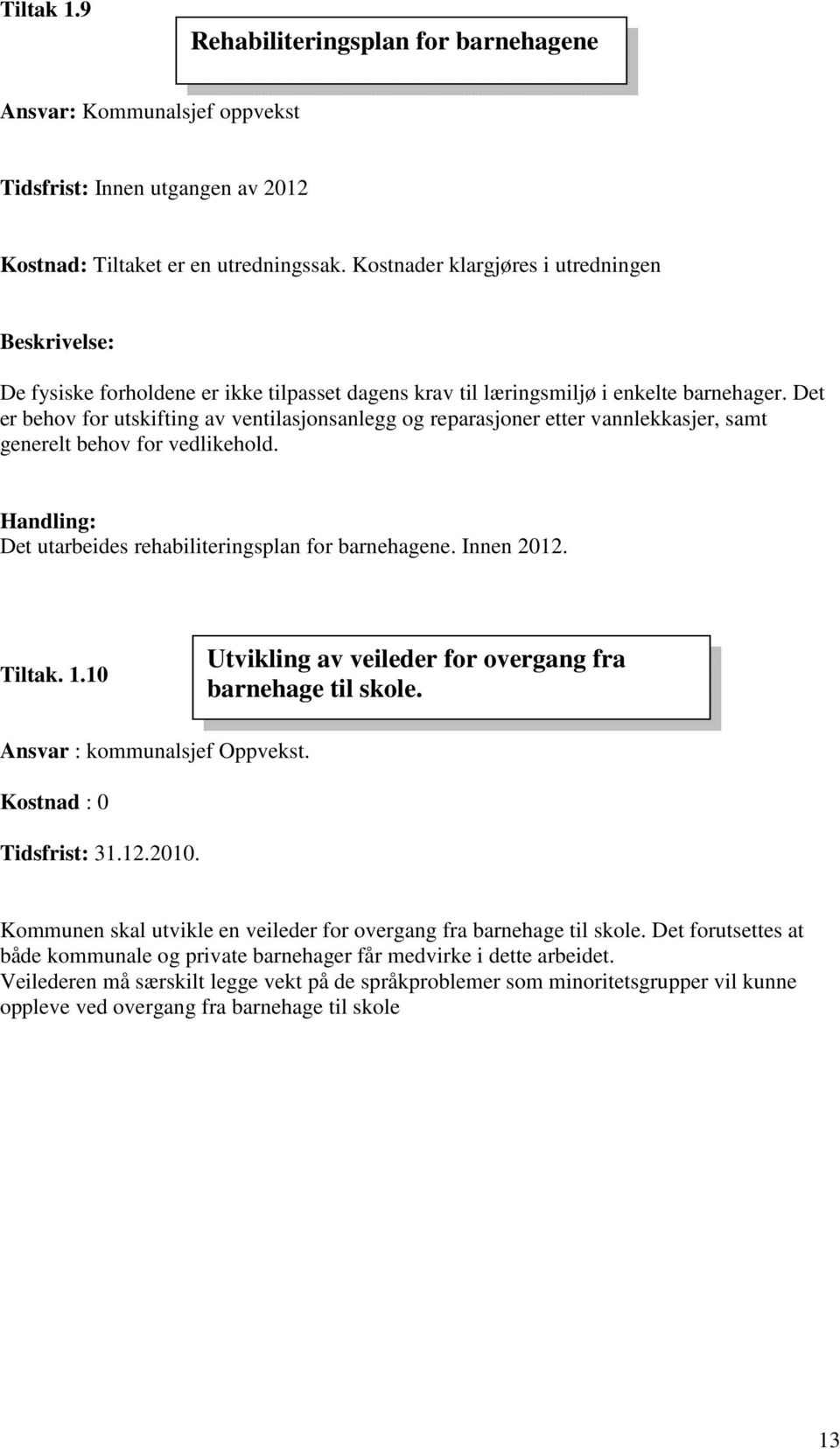 Det er behov for utskifting av ventilasjonsanlegg og reparasjoner etter vannlekkasjer, samt generelt behov for vedlikehold. Handling: Det utarbeides rehabiliteringsplan for barnehagene. Innen 2012.