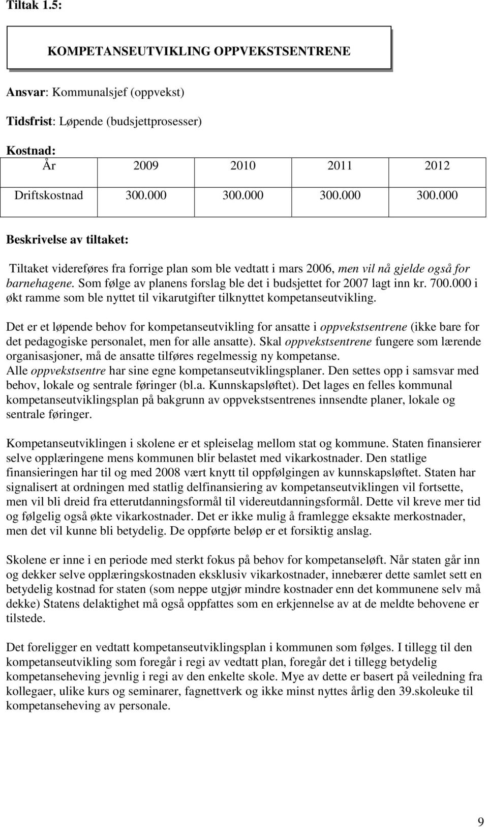 Som følge av planens forslag ble det i budsjettet for 2007 lagt inn kr. 700.000 i økt ramme som ble nyttet til vikarutgifter tilknyttet kompetanseutvikling.