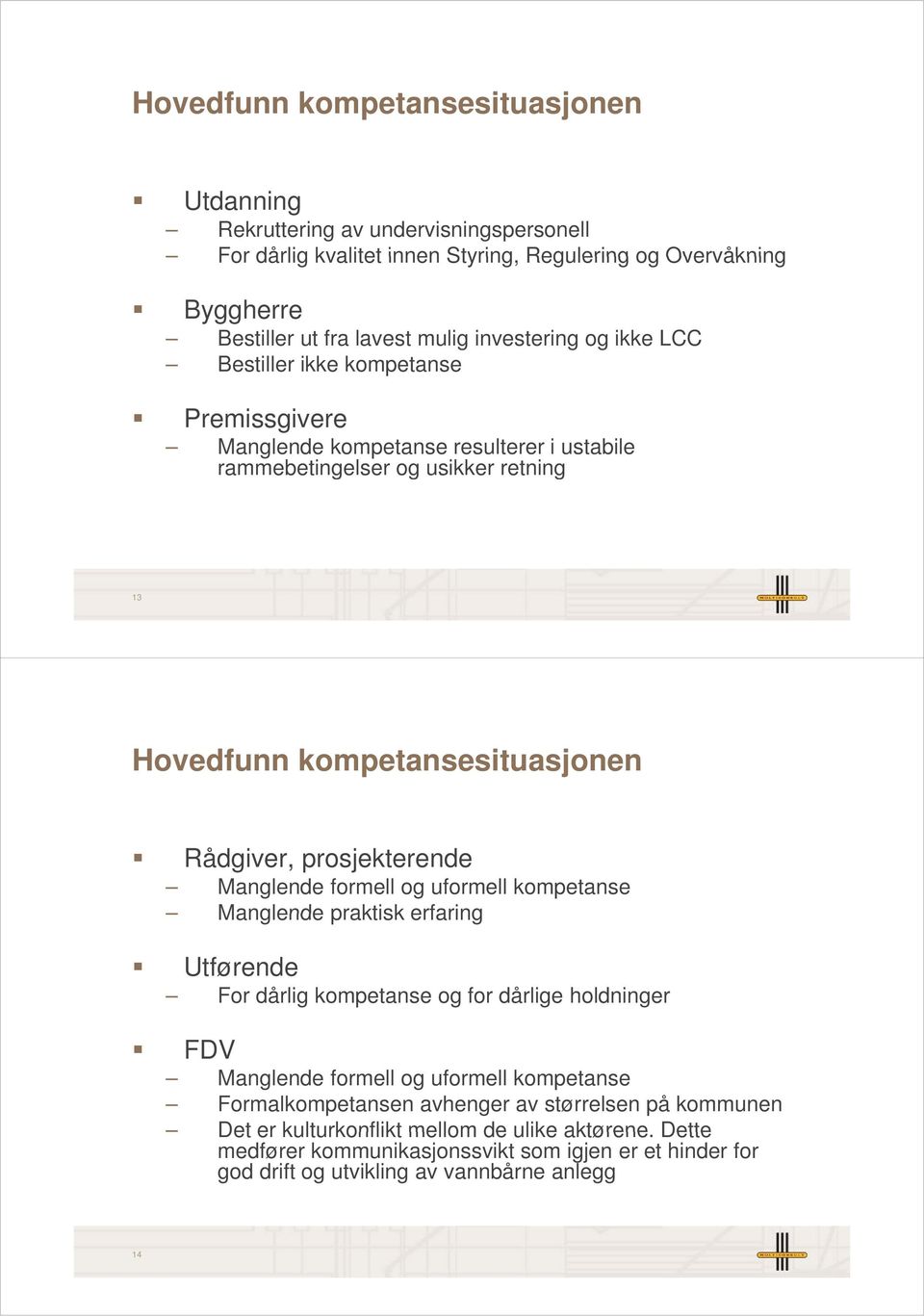 prosjekterende Manglende formell og uformell Manglende praktisk erfaring Utførende For dårlig og for dårlige holdninger FDV Manglende formell og uformell Formaln