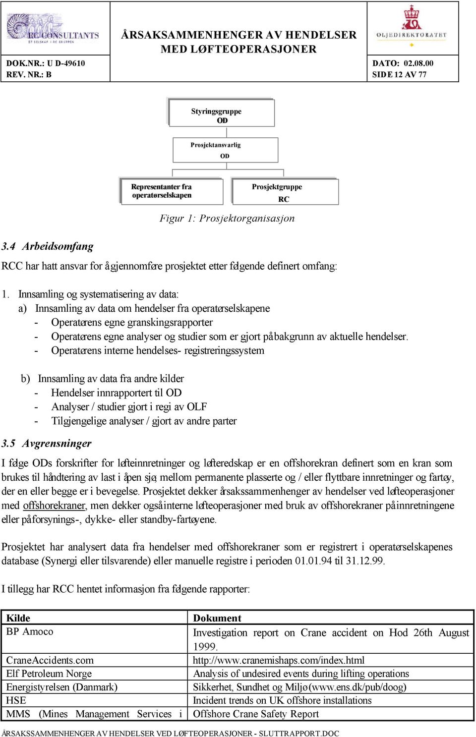 Innsamling og systematisering av data: a) Innsamling av data om hendelser fra operatørselskapene - Operatørens egne granskingsrapporter - Operatørens egne analyser og studier som er gjort på bakgrunn