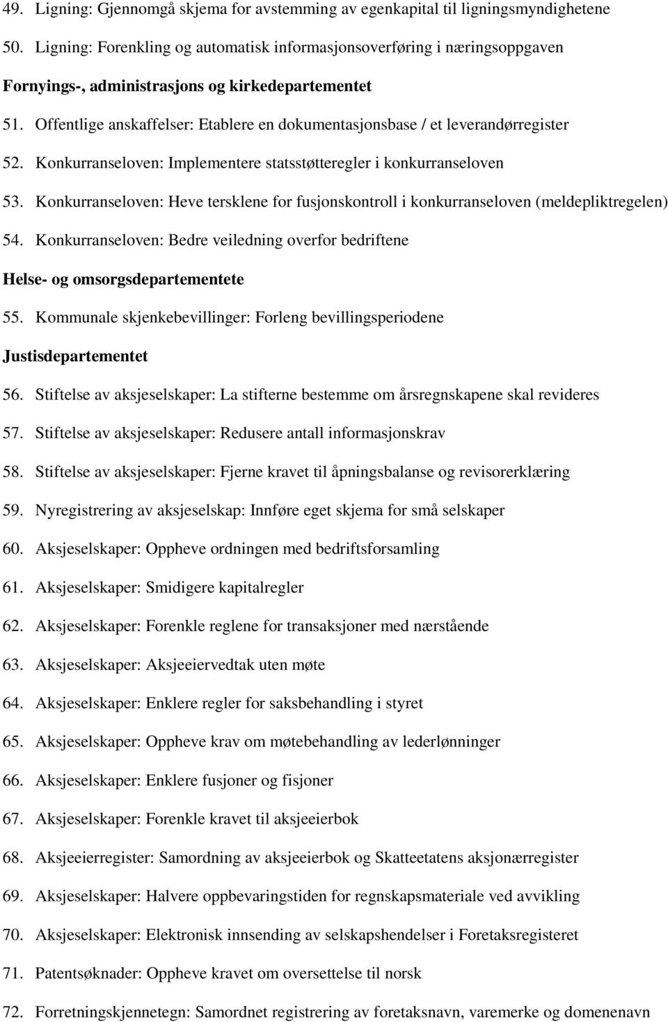 Offentlige anskaffelser: Etablere en dokumentasjonsbase / et leverandørregister 52. Konkurranseloven: Implementere statsstøtteregler i konkurranseloven 53.