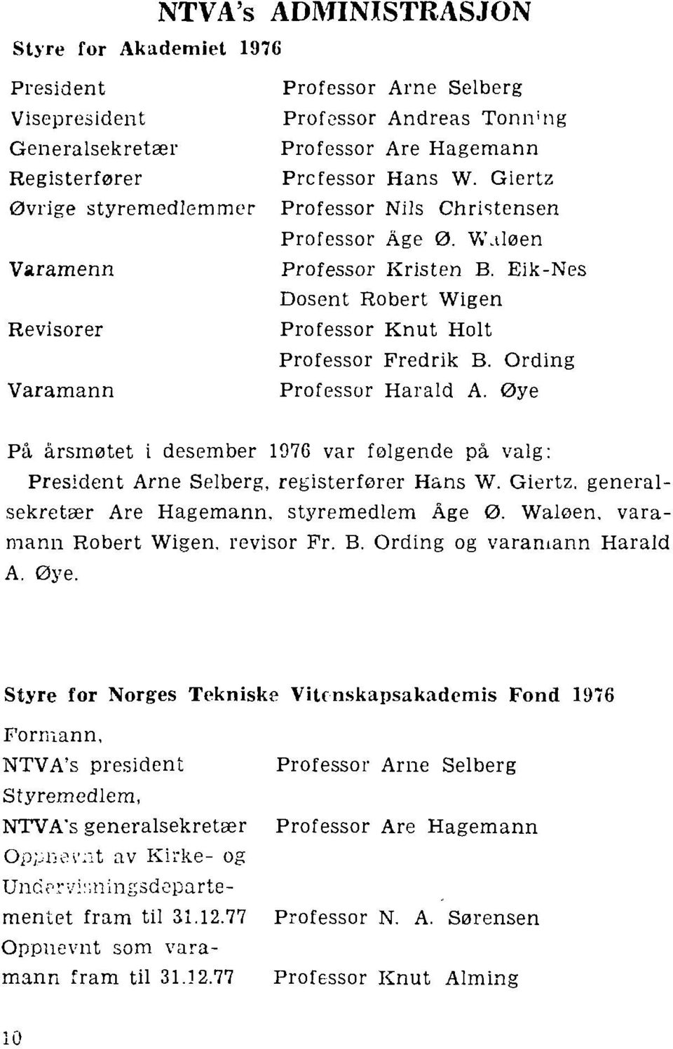 Ording Professor Harald A. Øye På årsmøtet i desember 1976 var folgende på valg: President Arne Selberg, registerfører Hans W. Giertz. generalsekretær Are Hagemann, styremedlem Age 0. Waløen.