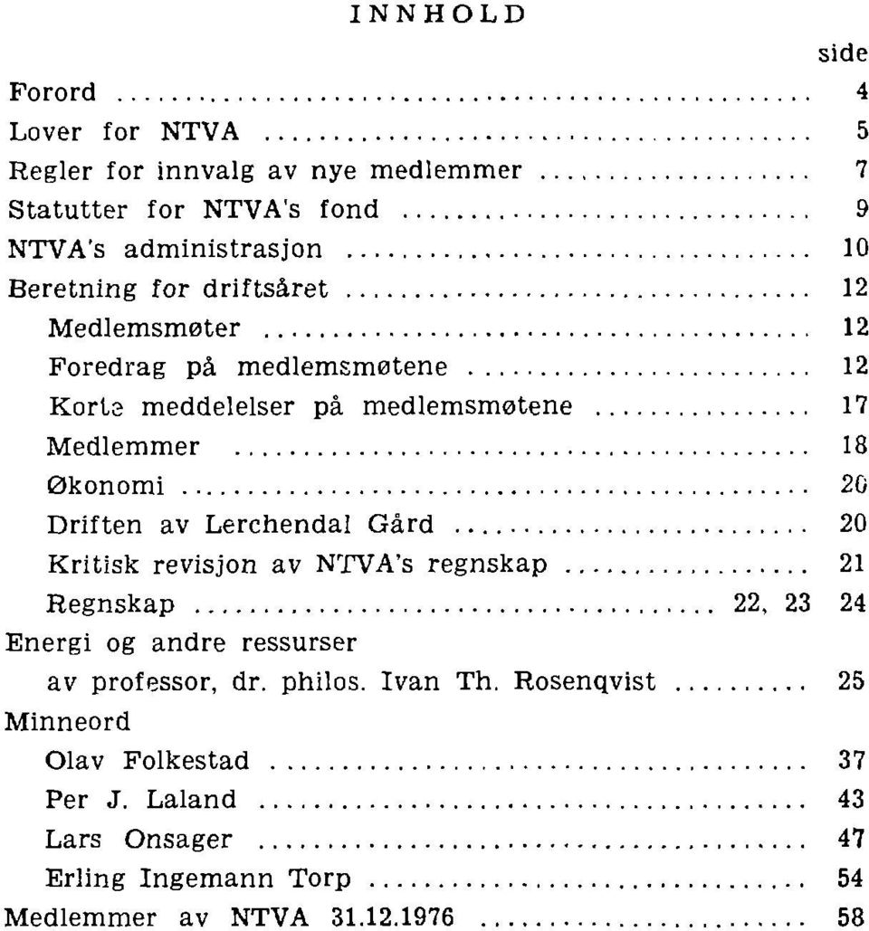 Driften av Lerchendal Gård 20 Kritisk revisjon av NTVA's regnskap 21 Regnskap 22, 23 24 Energi og andre ressurser av professor, dr.