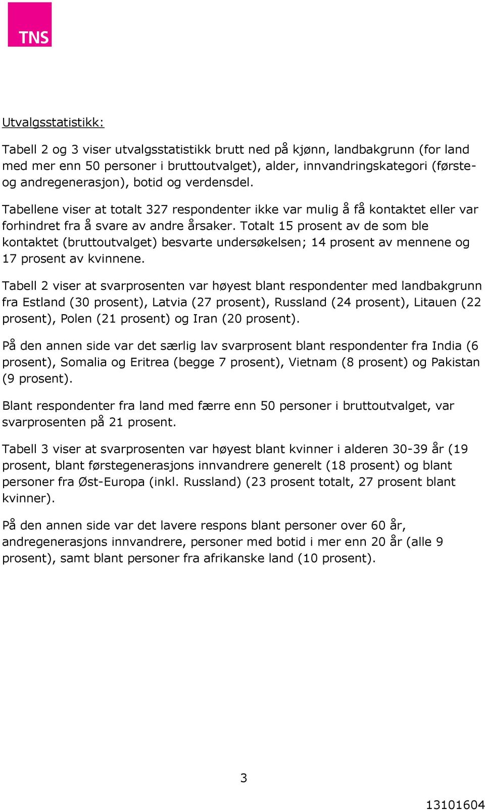 Totalt 15 prosent av de som ble kontaktet (bruttoutvalget) besvarte undersøkelsen; 14 prosent av mennene og 17 prosent av kvinnene.