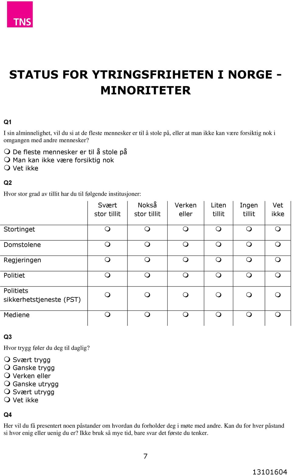 tillit Vet ikke Stortinget Domstolene Regjeringen Politiet Politiets sikkerhetstjeneste (PST) Mediene Q3 Hvor trygg føler du deg til daglig?