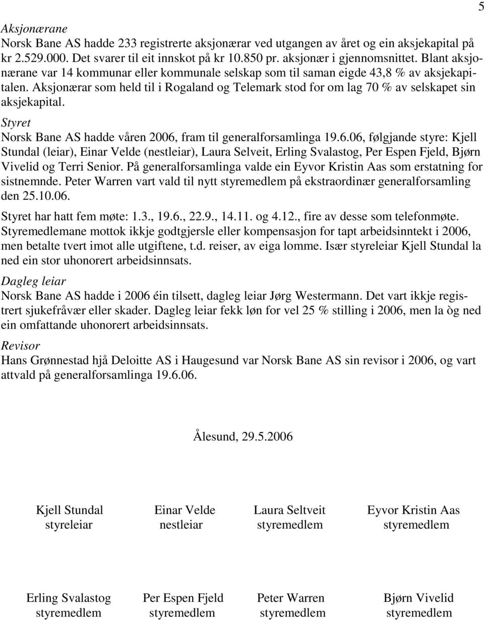 Aksjonærar som held til i Rogaland og Telemark stod for om lag 70 % av selskapet sin aksjekapital. Styret Norsk Bane AS hadde våren 2006,