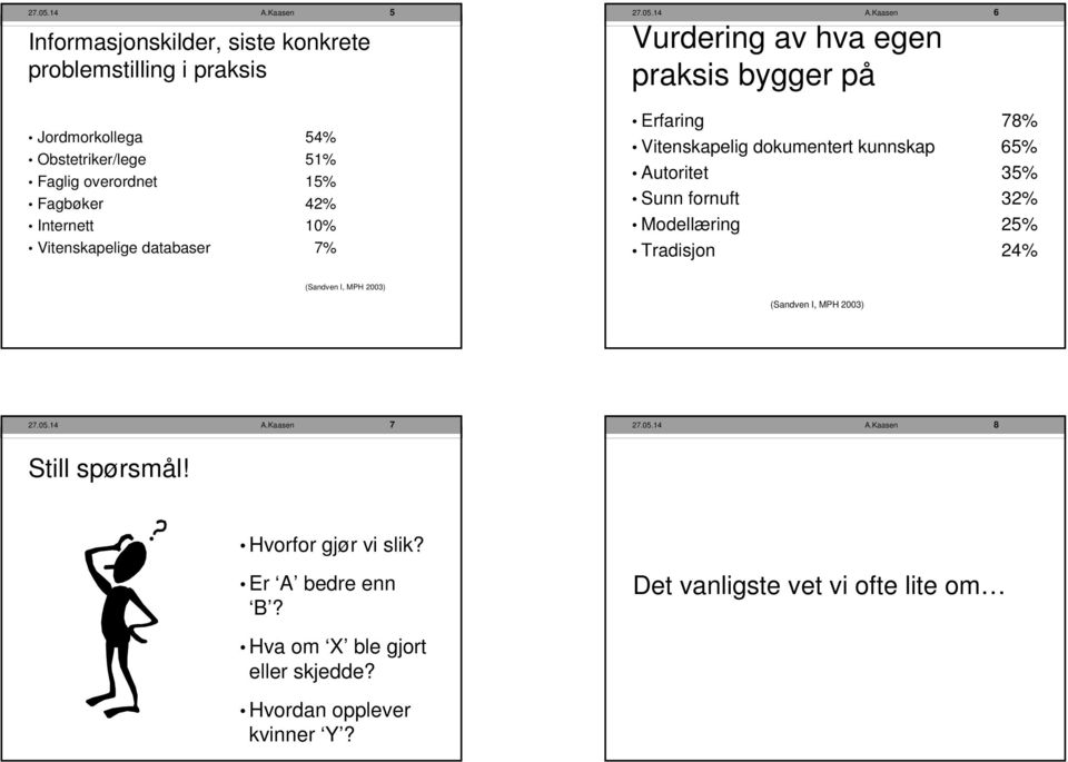 Internett 10% Vitenskapelige databaser 7% Kaasen 6 Vurdering av hva egen praksis bygger på Erfaring 78% Vitenskapelig dokumentert kunnskap 65%